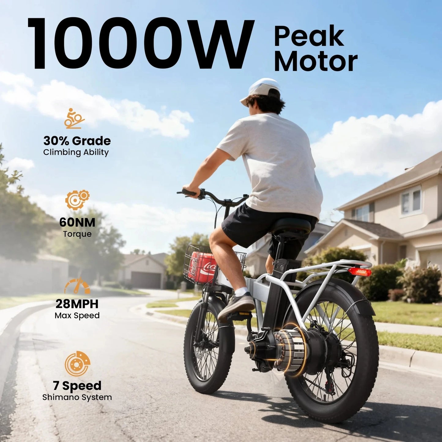 QRONGE Waterfall Folding Electric Bicycle 1000W Peak 48V 13.5AH 20" Fat Tire Electric Bike 70 Max Miles E-bike Commute 28MPH max