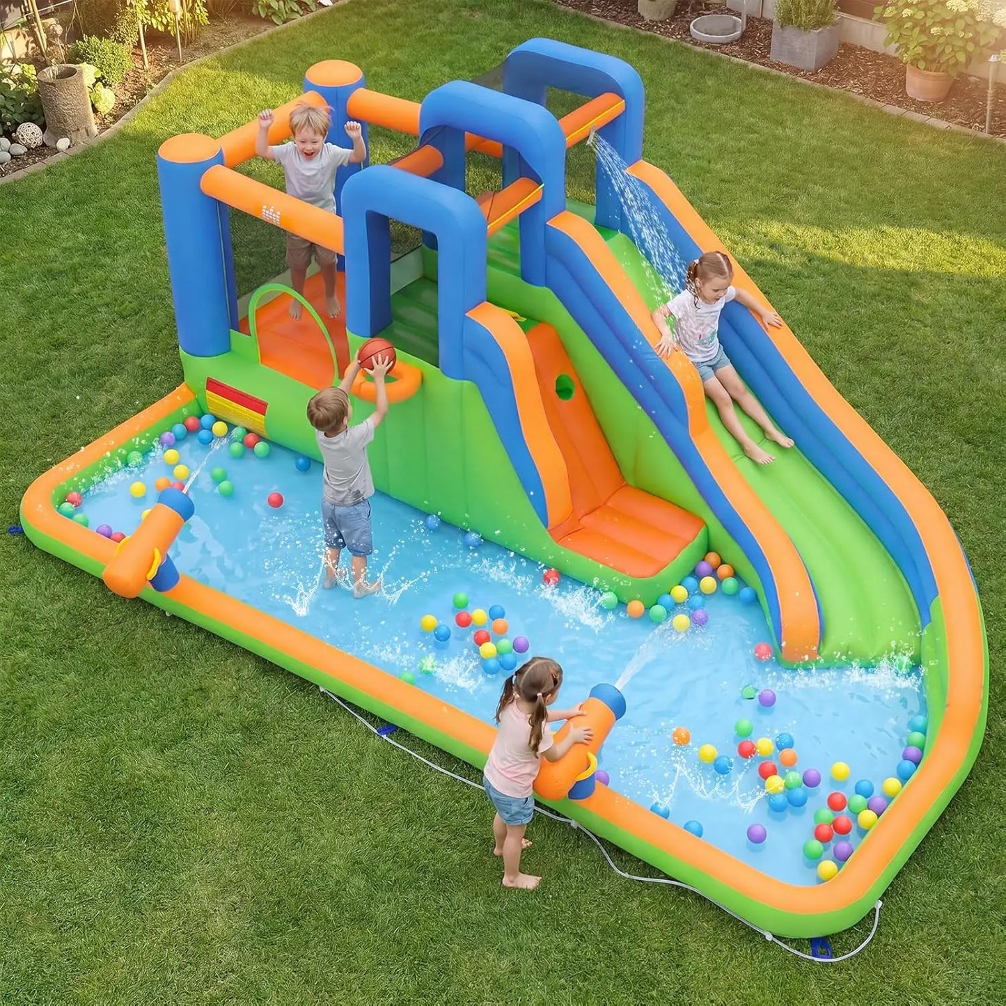 Inflatable Water Slide Bounce House, Kids Water Park Jump Castle w/Large Splash Pool, 2 Climbing Walls, Water Slides Inflatables