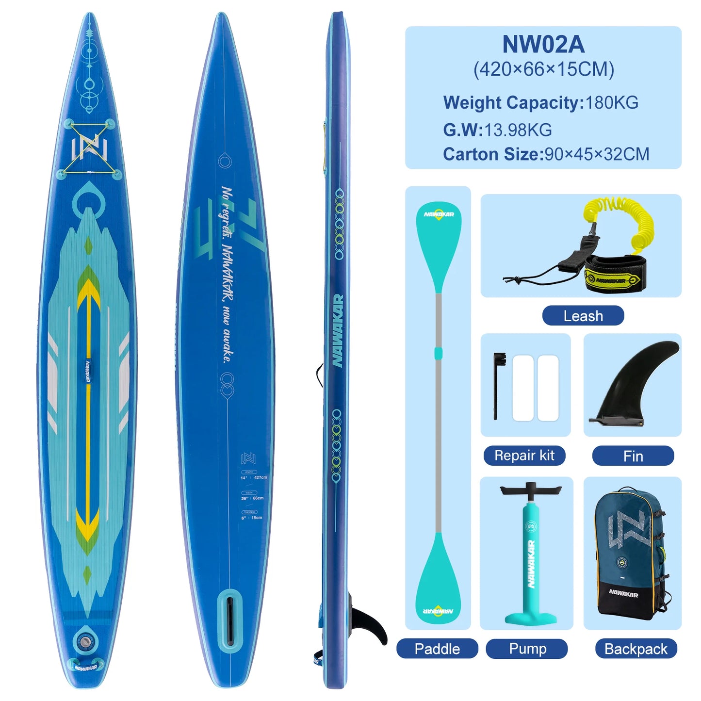NAWAKAR NW02A 14FT 26" Inflatable Stand Up Paddle Board Double-Chamber Racing ISUP Premium Complete Set 180KG Capacity Adult SUP