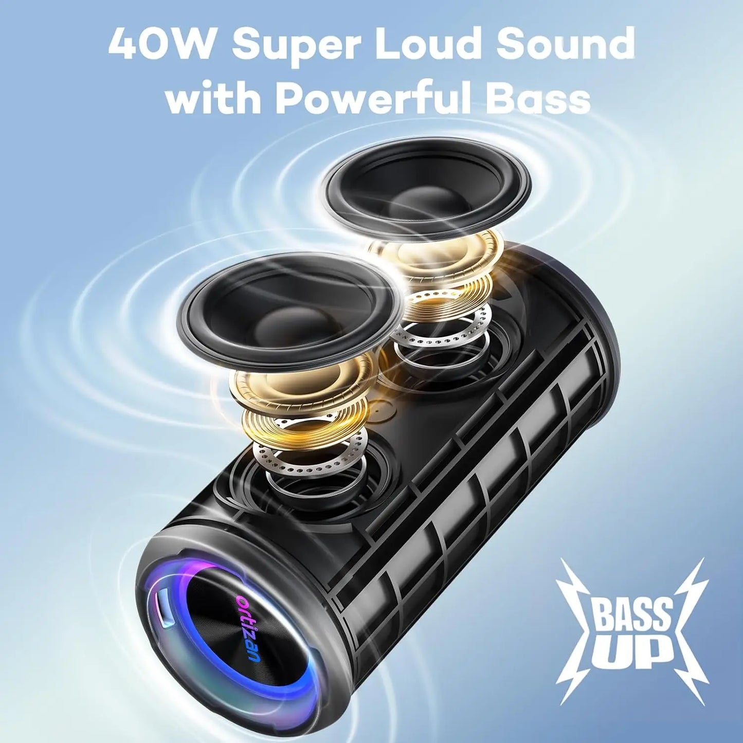 Ortizan Bluetooth Speaker, 40W Peak Outdoor Portable Loud Speakers Wireless with Deep Bass, USB/AUX/TF Card Port, RGB Light, TWS Stereo, EQ, IPX7 Waterproof for Party, Beach, Kayaking, Camping, Backyard, Garage