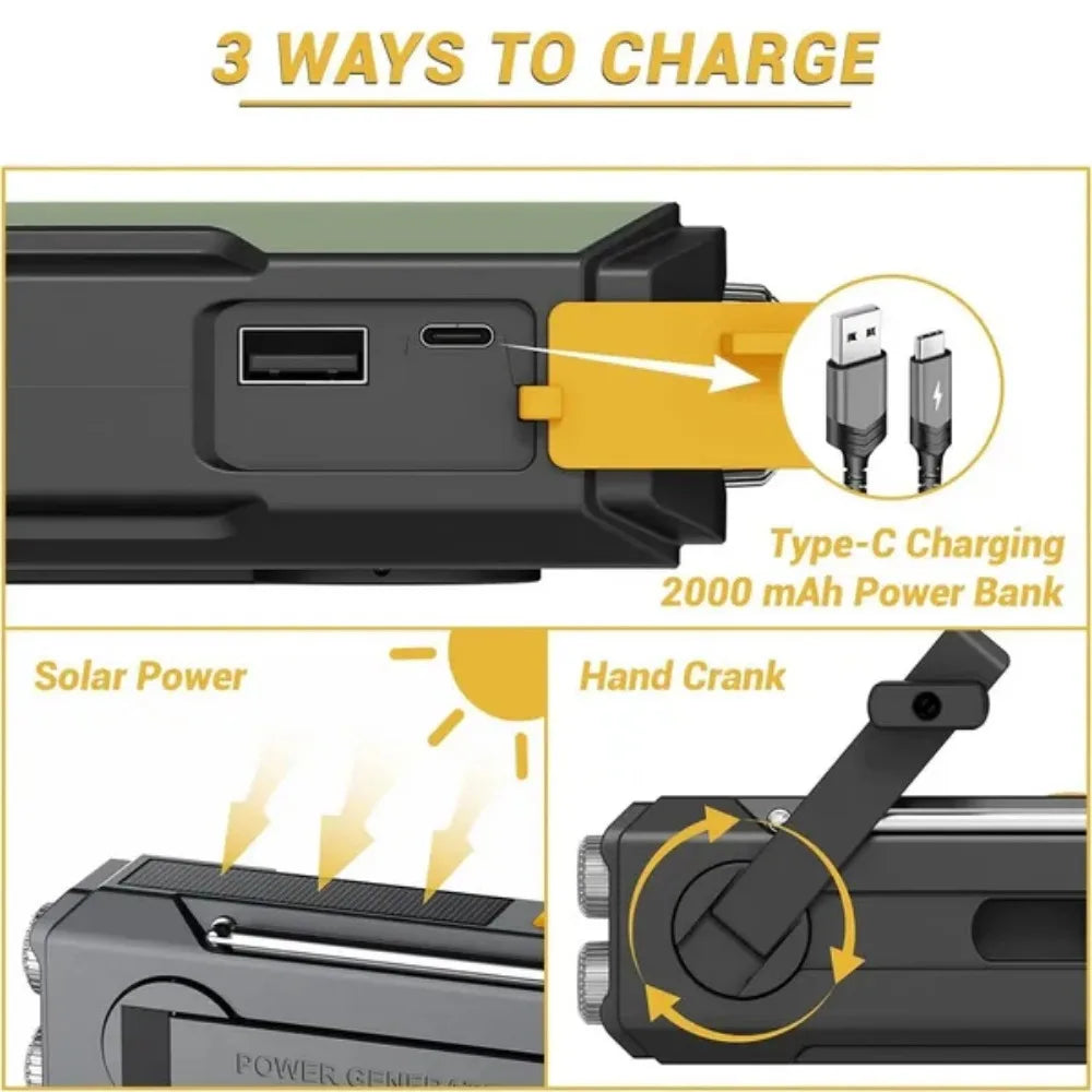 Emergency Radio Solar Hand Crank NOAA Weather Radio AM FM Portable 2000mAh Power Bank Rechargeable Survival Gear LED Camping Flashlight Reading Lamp SOS Alarm Hurricane Earthquake Emergency Kit Battery Operated For Home Outdo