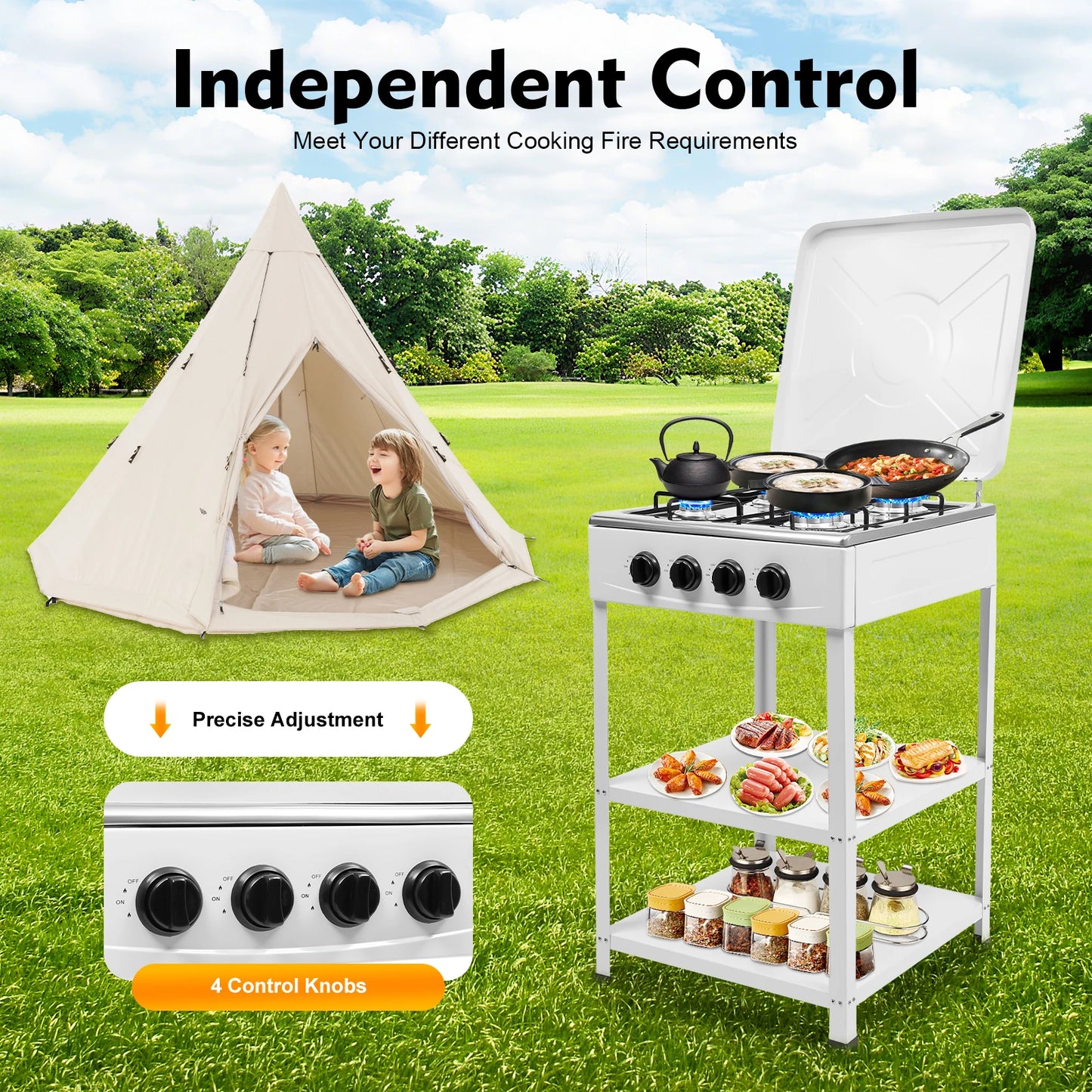 Four Burner Propane Camping Stove With Removable Smokeless Grill