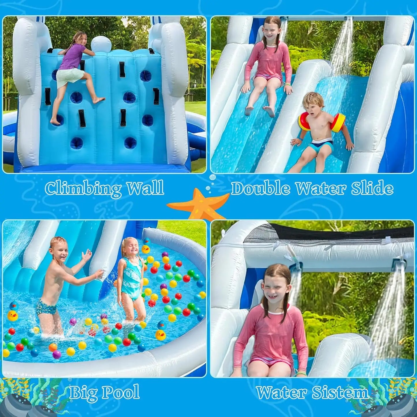 Blue White Inflatable Water Slide With Dual Slides Large Splash Pool Backyard Water Park With Water Cannons Arched Sprinkler