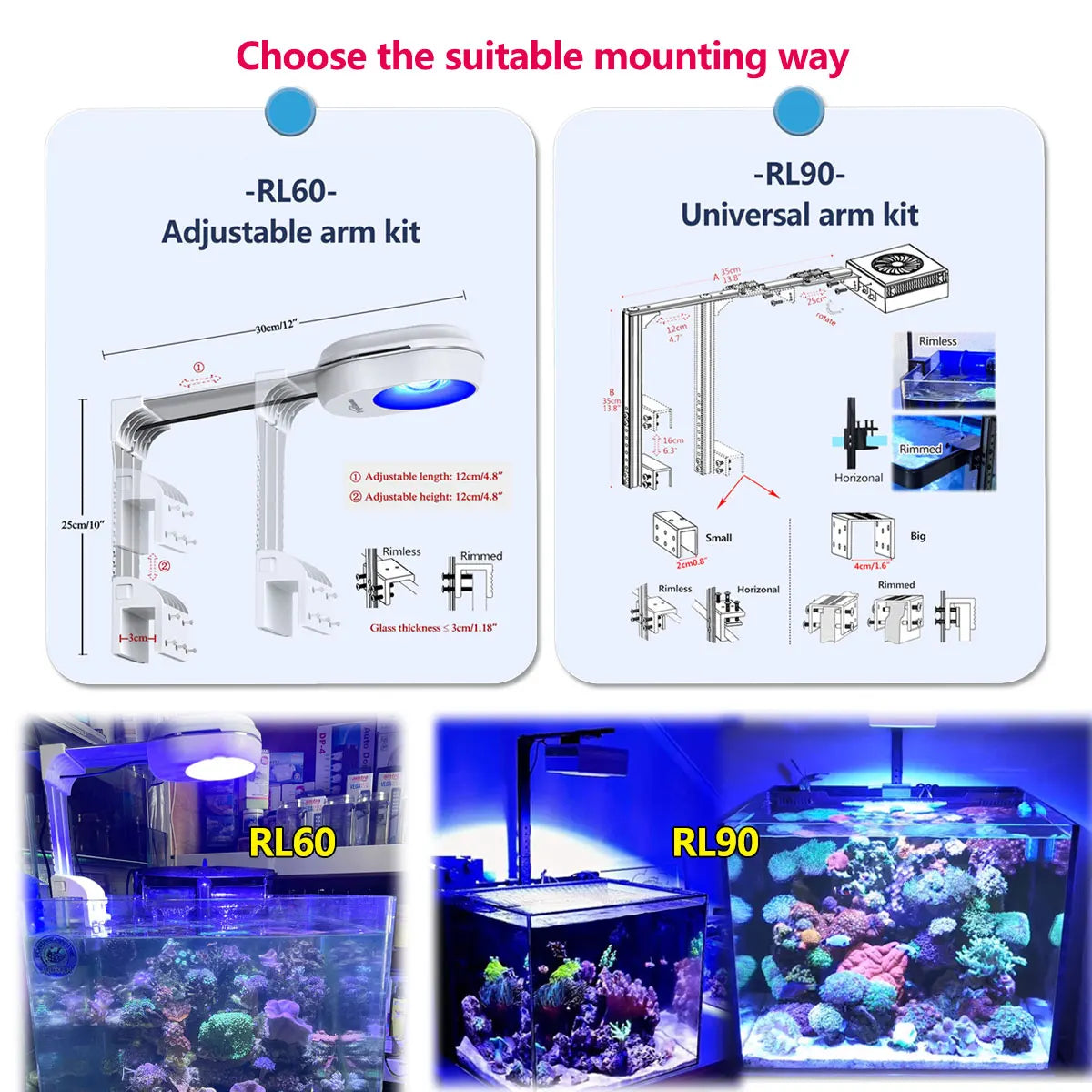 PopBloom-Marine Aquarium Light 60W/100W, Reef Aquarium LED Lamp for 30-70cm Reef Coral SPS LPS Saltwater Tank
