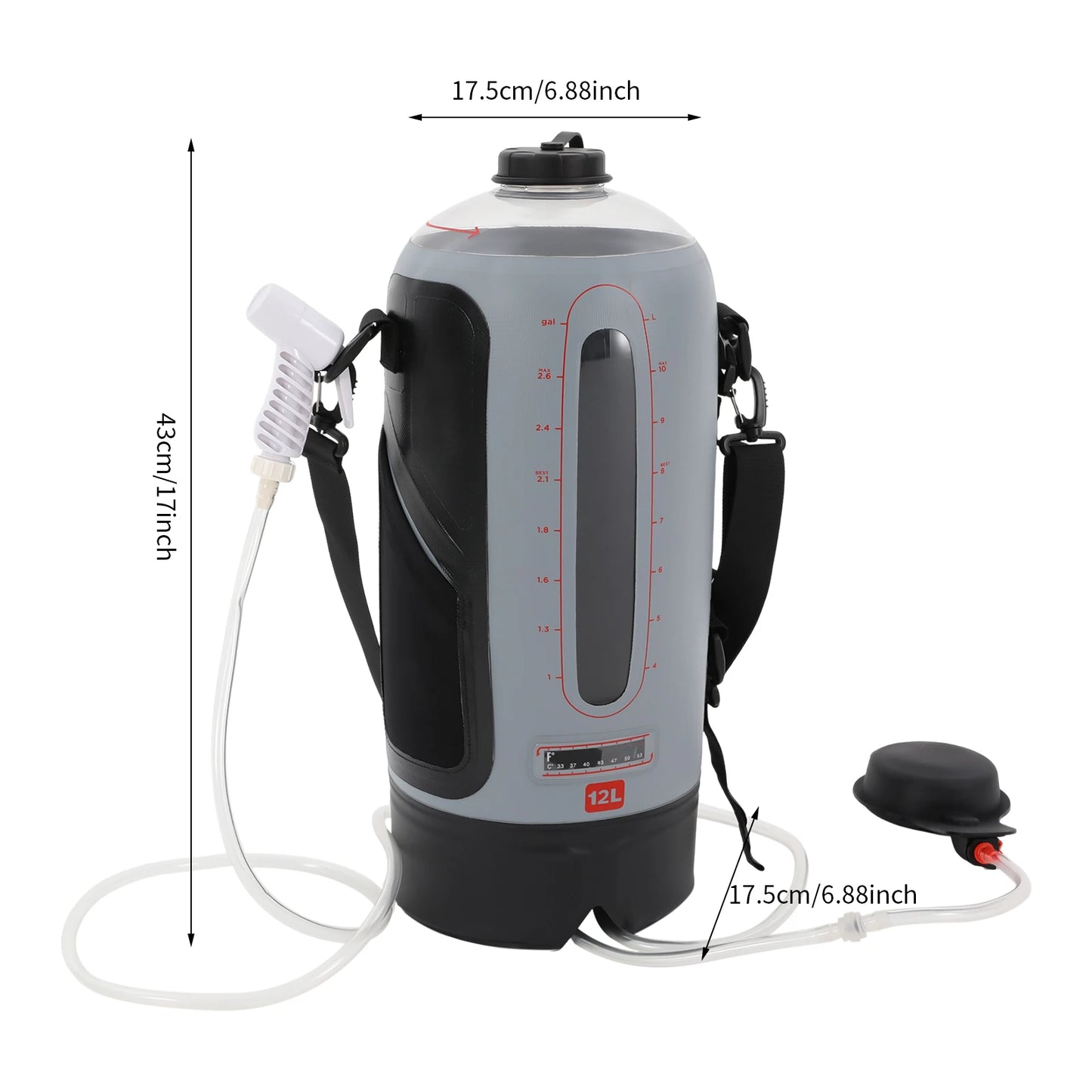 12L Portable Camp Shower, Hands-Free Pressure Camping Shower, Solar Heated Outdoor Shower Bag with Hose & On/Off Valve