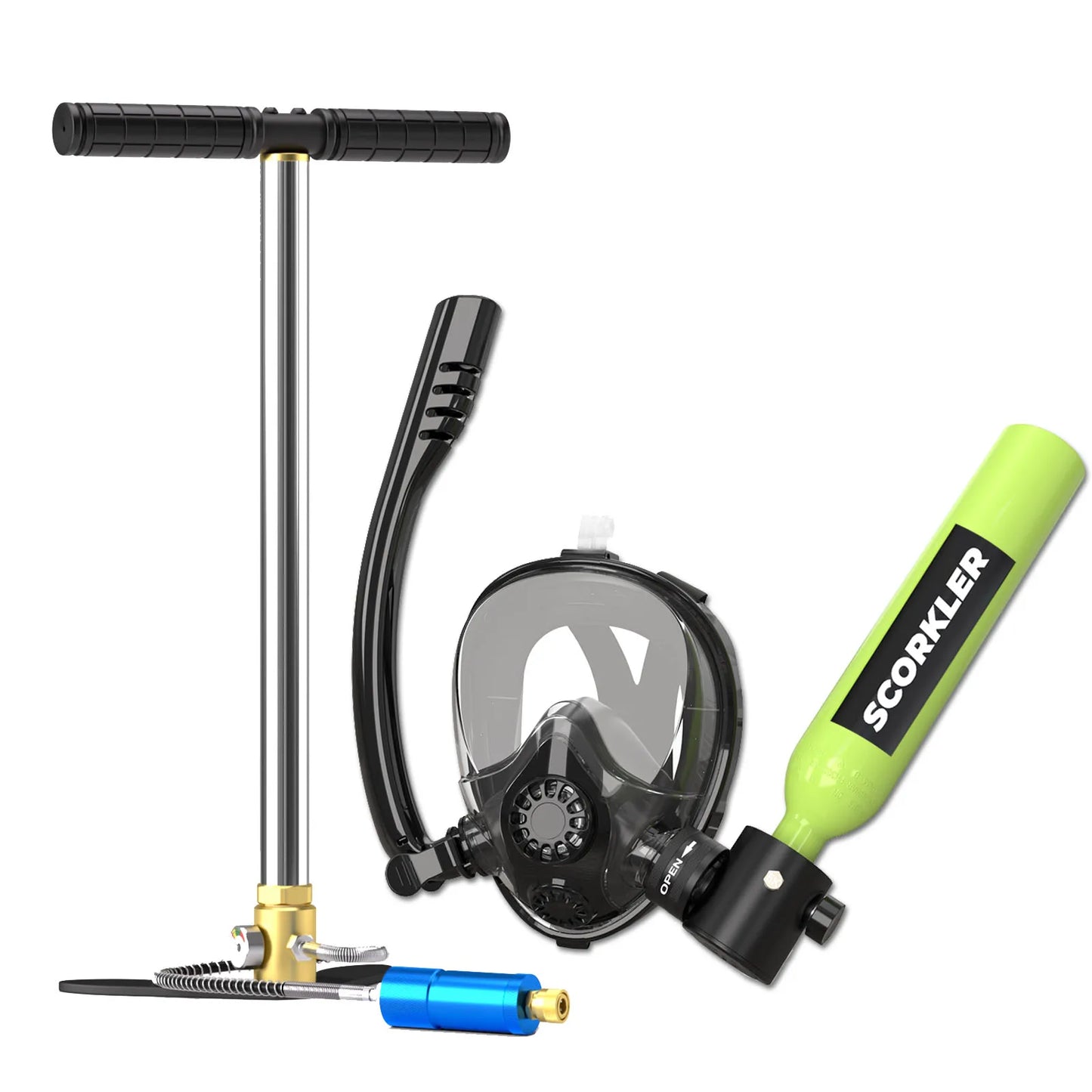 SCORKLER 0.5L Mini Scuba Diving Tank with Snorkeling Full Face Mask And Hand Pump Diving Cylinder Dive Equipment for Adults