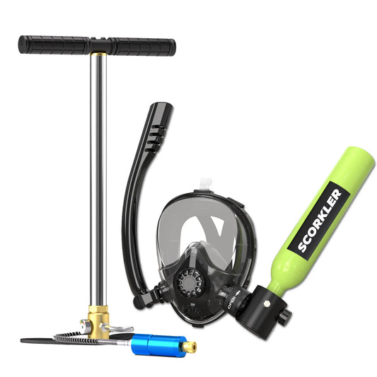 SCORKLER 0.5L Mini Scuba Diving Tank with Snorkeling Full Face Mask And Hand Pump Diving Cylinder Dive Equipment for Adults