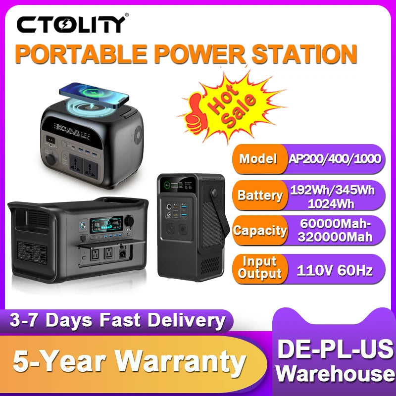 CTOLITY 200W 500W Portable Power Station 1800W Power Generator LED Light Emergency Solar Power Bank for Outdoor Camping Travel