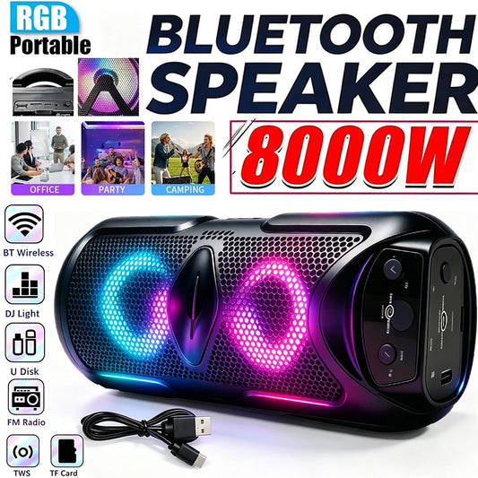 8800W Portable wireless Bluetooth speaker with multi-mode colorful lights. Supports TF card, USB Type-C port and FM radio. Suitable for parties, outdoor camping, square dancing and other occasions. A lovely gift.