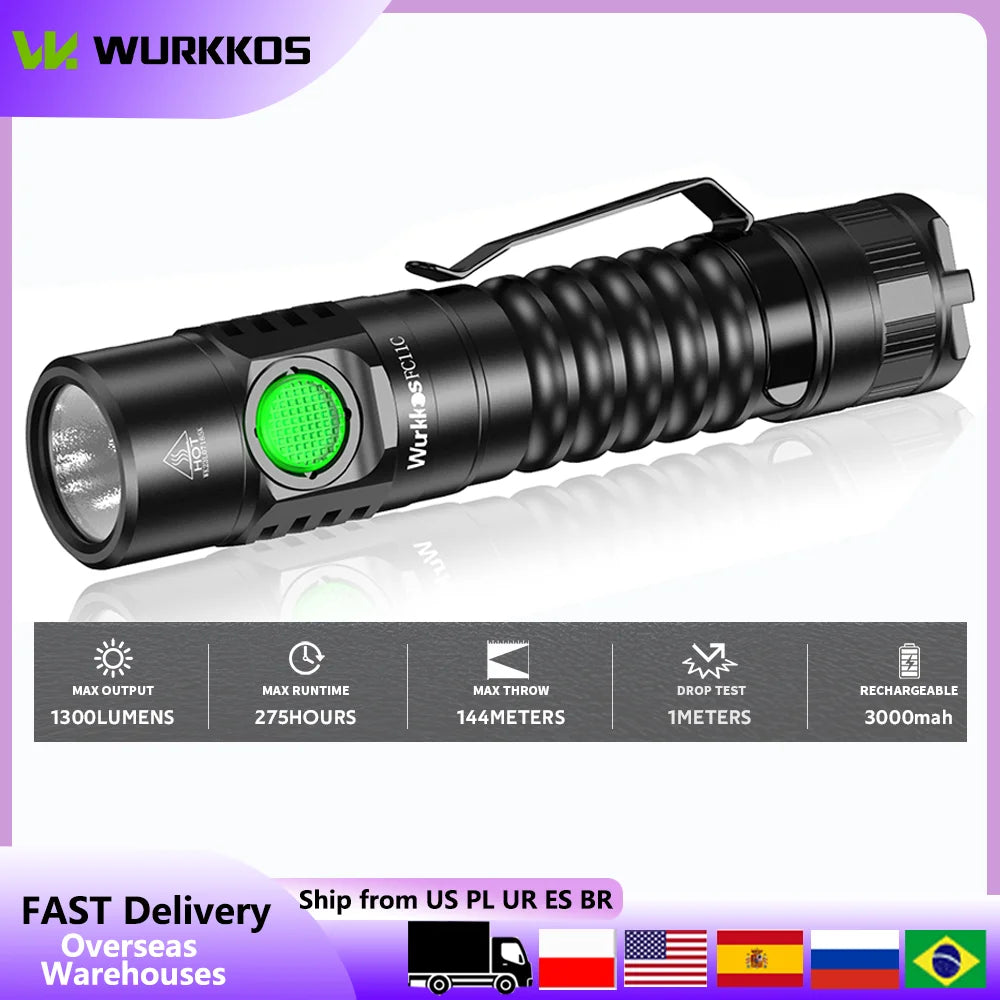 Wurkkos FC11C Mini High 1300LM EDC Flashlight USB-C Rechargeable IPX7 Waterproof Torch with Magnetic for Hiking Fishing Camping