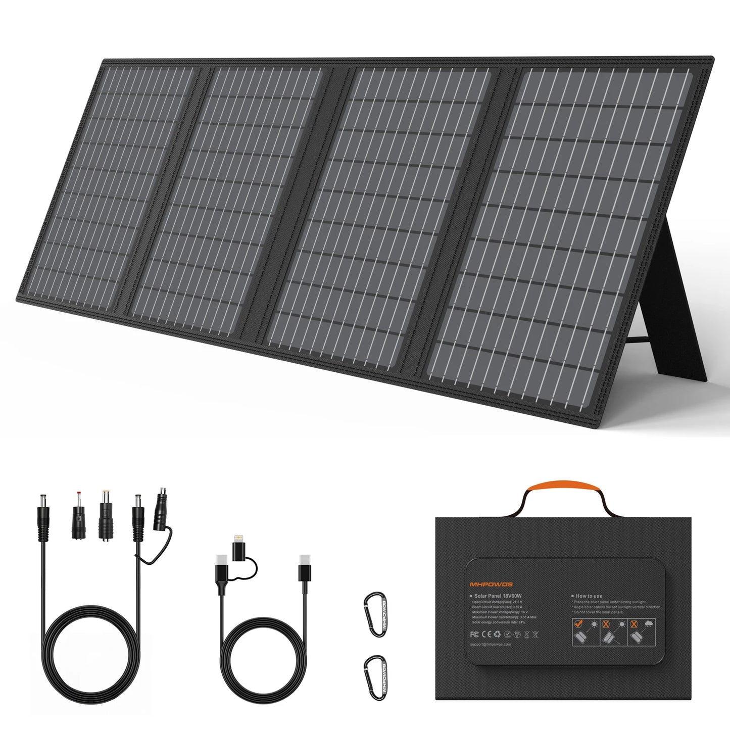 MHPOWOS 60W Foldable Solar Panel 18V Portable Solar Charger for Power Supply Laptop Solar Generator Fishing Camping Phones