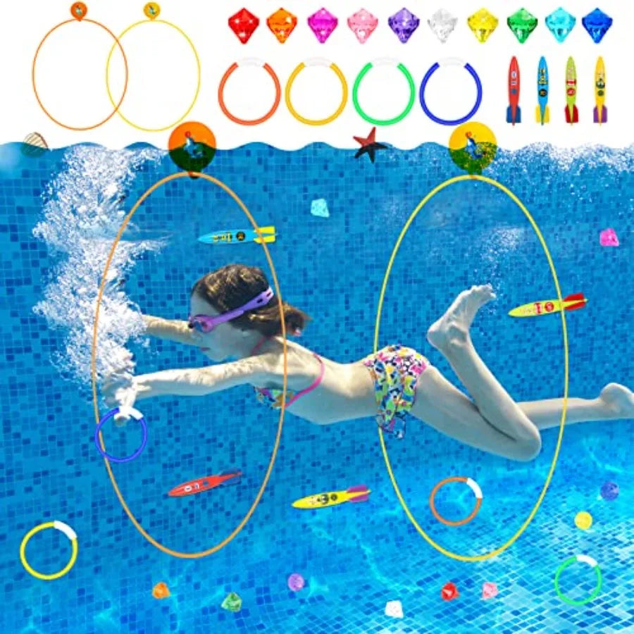 23PCS Pool Toys Games for,No Assembly Stability Swim Thru Rings, Pool Diving Toys for 3, 4, 5, 6, 7, 8, 9, 10, 11, 12 Swim Ring