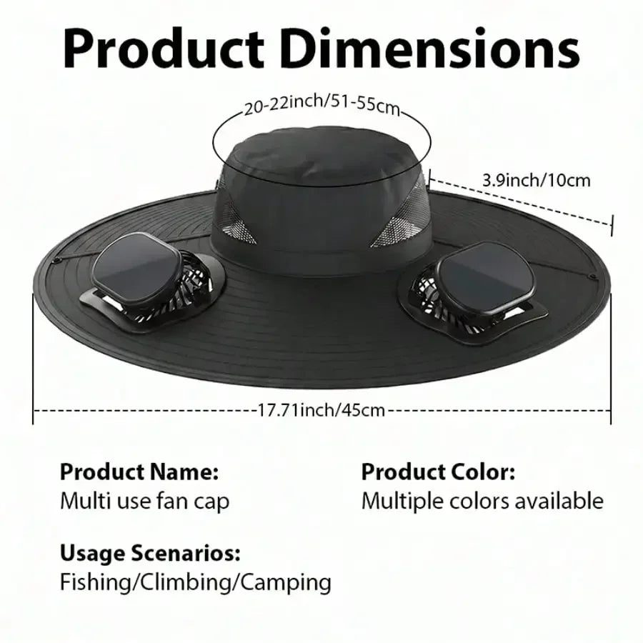 Solar Fan Cap, UV Resistant Outdoor Wide Brimmed Fisherman's Cap, With 180 ° Adjustable Fan, UPF50, USB And Solar Power Supply,