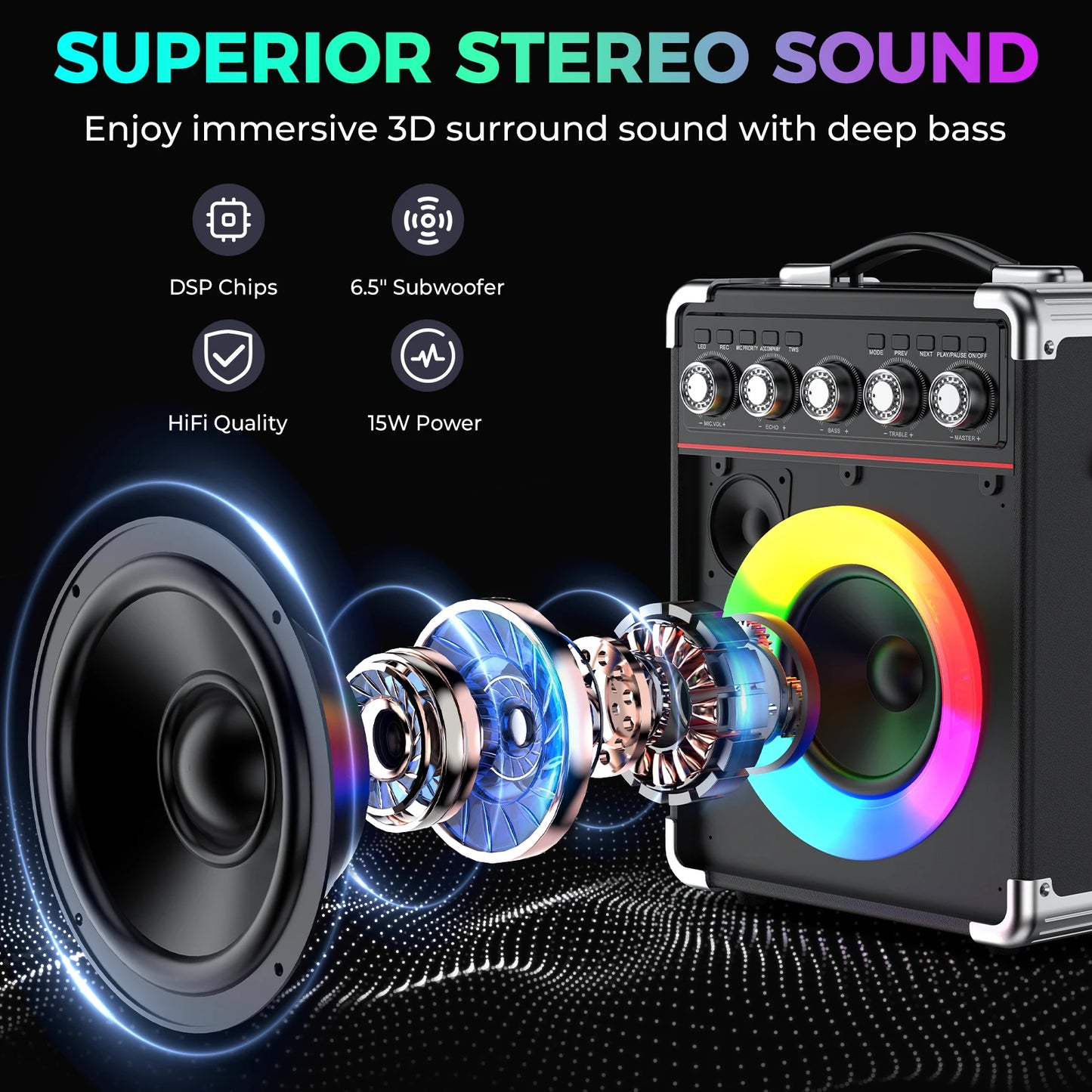 FanFun Karaoke Speaker Bluetooth With 2 Microphones And LED Light