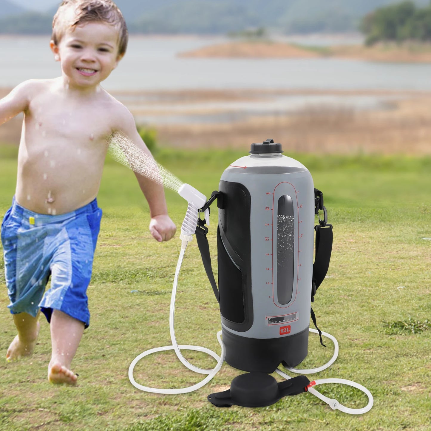 12L Portable Camp Shower, Hands-Free Pressure Camping Shower, Solar Heated Outdoor Shower Bag with Hose & On/Off Valve