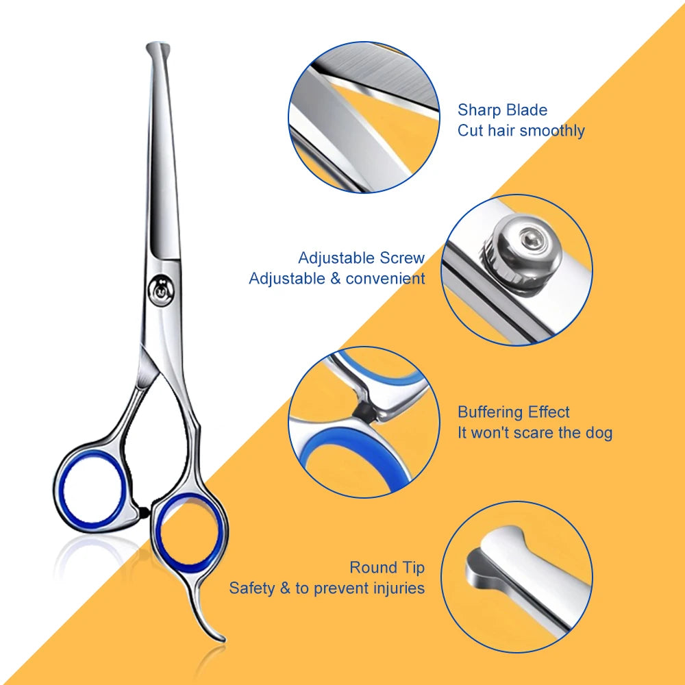 Titanium Coated Professional 7 in 1 Stainless Steel Dog Grooming Scissors with Safety Round Tip, Pet Grooming Scissor for Dog