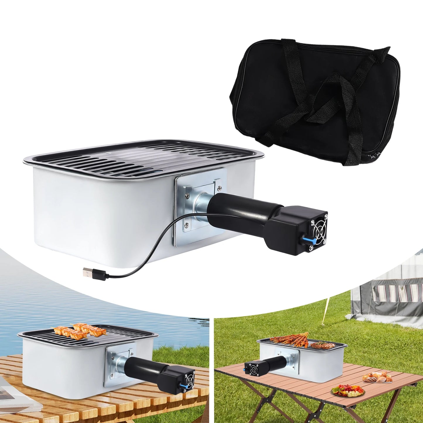 Portable Camping Grill With USB Fan Control And Ash Tray