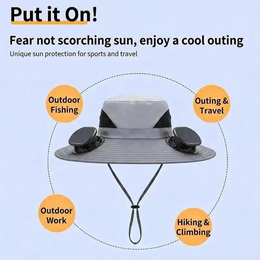 Solar Fan Cap, UV Resistant Outdoor Wide Brimmed Fisherman's Cap, With 180 ° Adjustable Fan, UPF50, USB And Solar Power Supply,