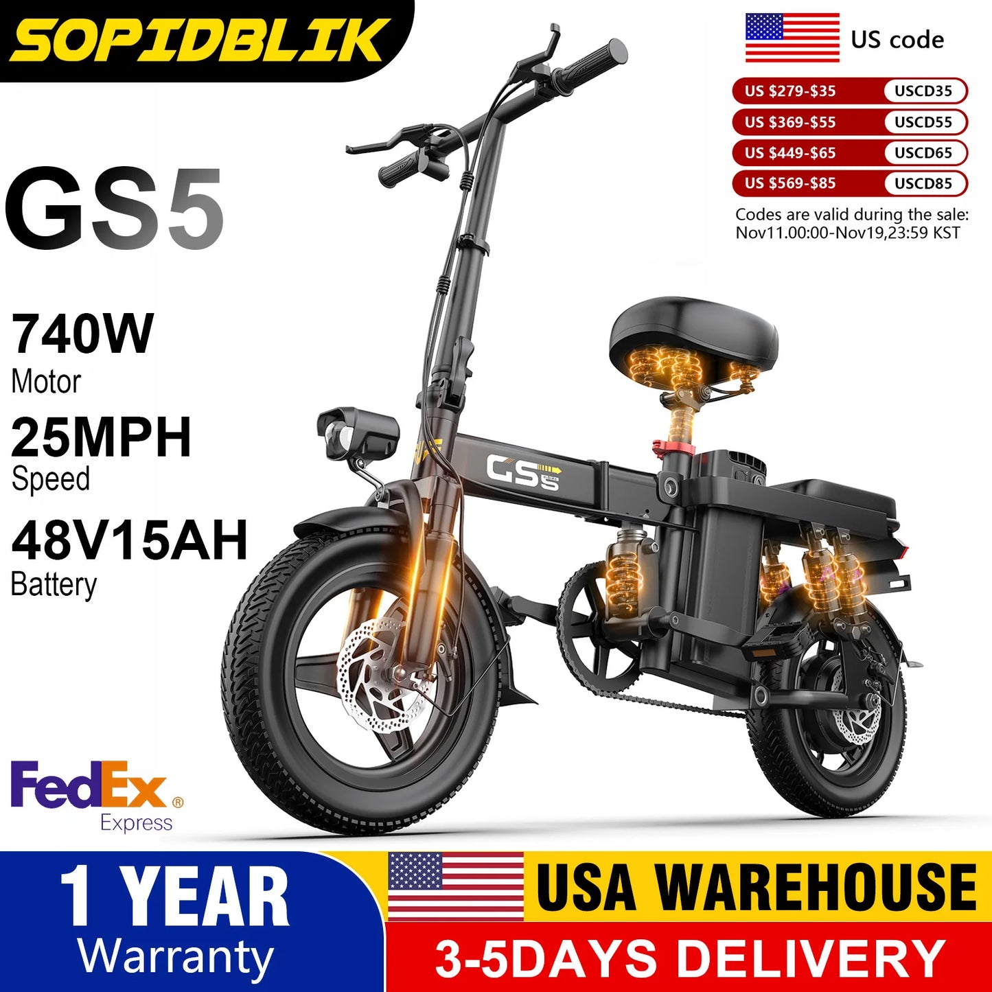 SOPIDBLIK 740W Adult Electric Bike, 48V15AH Battery, Speed 28MPH,Load 500LBS,14inch Folding Electric Bike,Multiple Damping Ebike