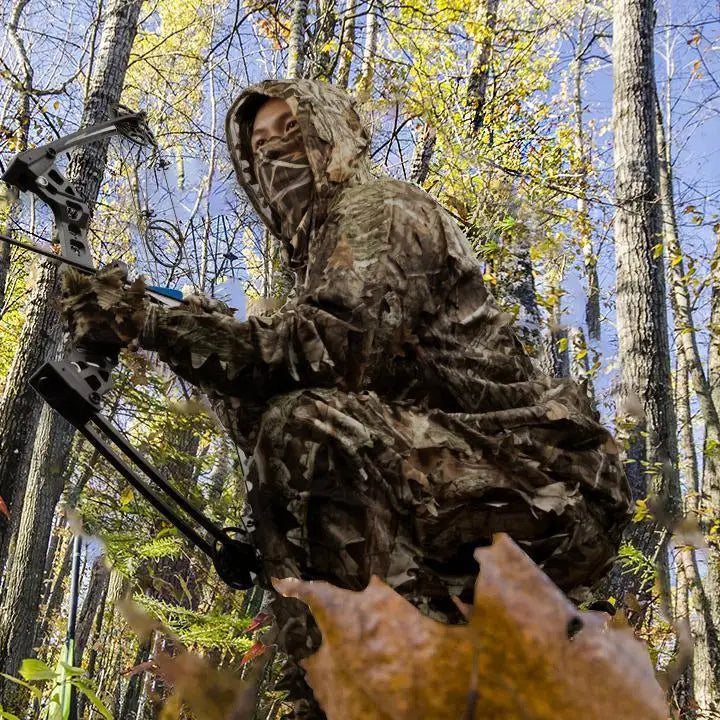 3D Bionic Leafy Ghillie Suit Camouflage Clothing Hunting Sniper Tactical Gear Breathable Mesh Jungle Woodland Stealth Apparel Elastic Waist Free Size For Outdoor Shooting Airsoft Paintball Wildlife Photography Men Gift