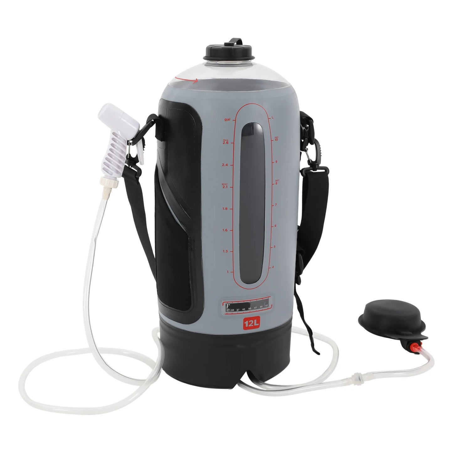 12L Portable Camp Shower, Hands-Free Pressure Camping Shower, Solar Heated Outdoor Shower Bag with Hose & On/Off Valve