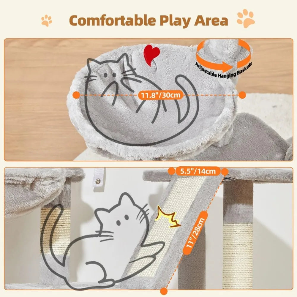 Tall 38 Inch Cat Tree with Condo Adjustable Basket and Plush Perch Tower for Indoor Kittens Light Gray