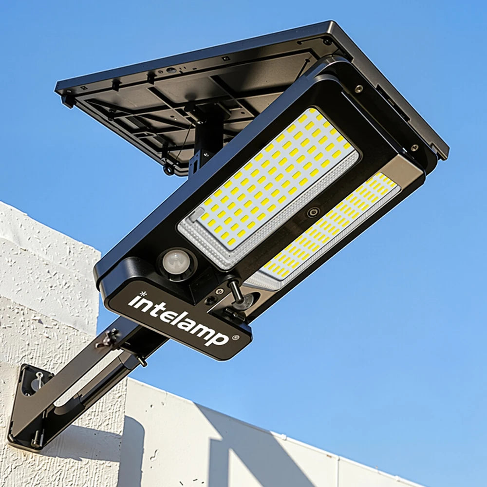 Intelamp Outdoor Solar Street Lights Security Flood Light With Super Large Solar Panel Two Sensors 12500mAh For Garden Yard Path