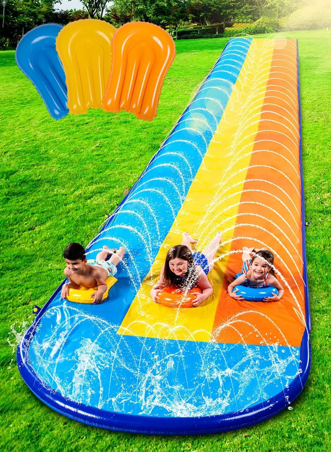 Joyfy 22.5ft Lawn Triple Water Slide with 3 BodyBoards Water Summer Toy with Build in Advanced Sprinkler for Backyard Summer Fun