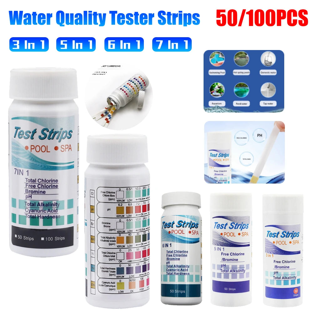 50/100PCS 3/5/6/7 in 1 Water Quality Test Paper Swimming Pool PH Test Strips Multipurpose Aquarium Test Strips for Fish Tank