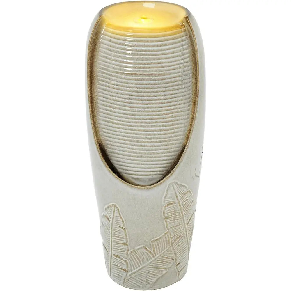 32-inch Outdoor LED Lighted Garden Fountain with 3D Tropical Leaves, Beige Glaze, for Relaxing Patio or Yard