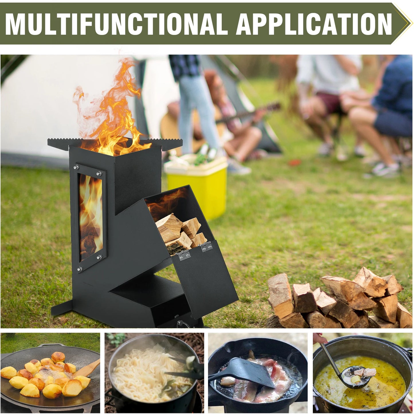 Portable Rocket Stove With Glass Door Wood Burning Outdoor Cooking Camping Grill For Survival Emergency
