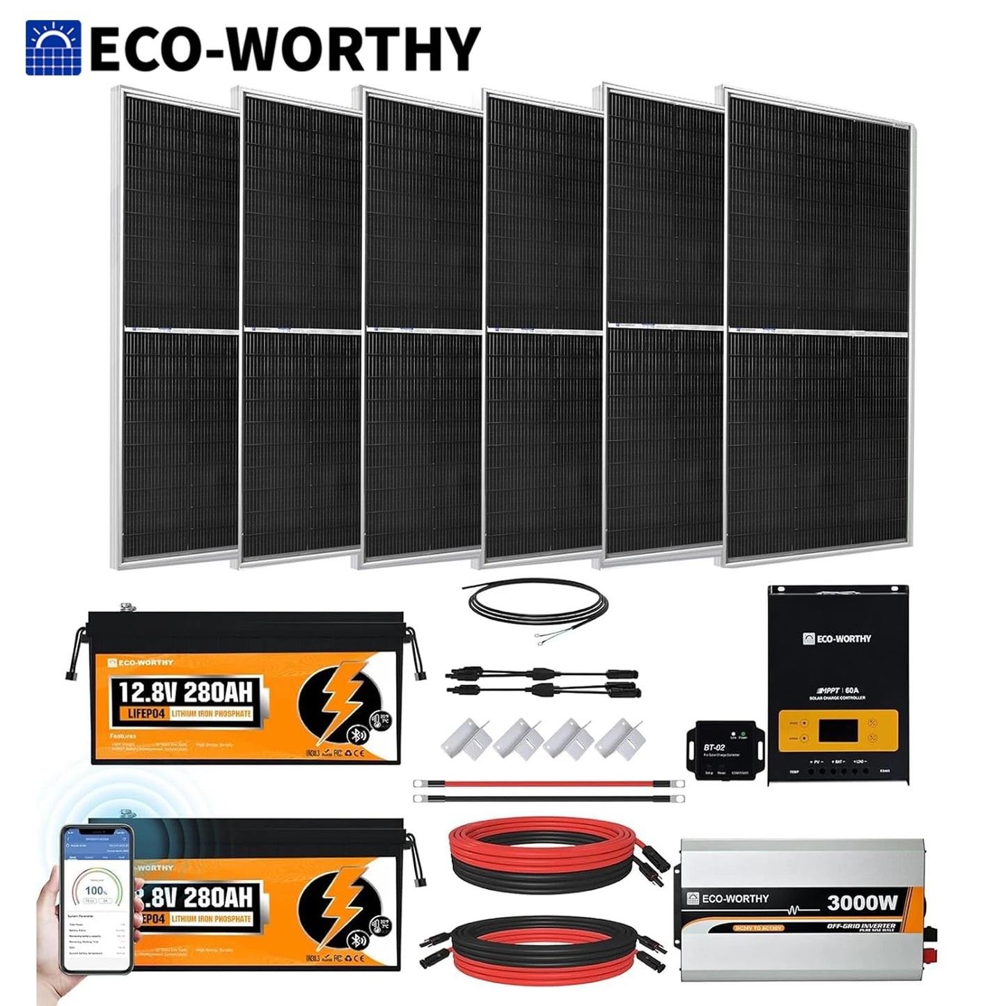 ECO-WORTHY 1200W Lithium Battery Solar System Off Grid:6pcs 195W Solar Panels+2Pcs 12.8V 280Ah Battery+60A MPPT+3000W Inverter