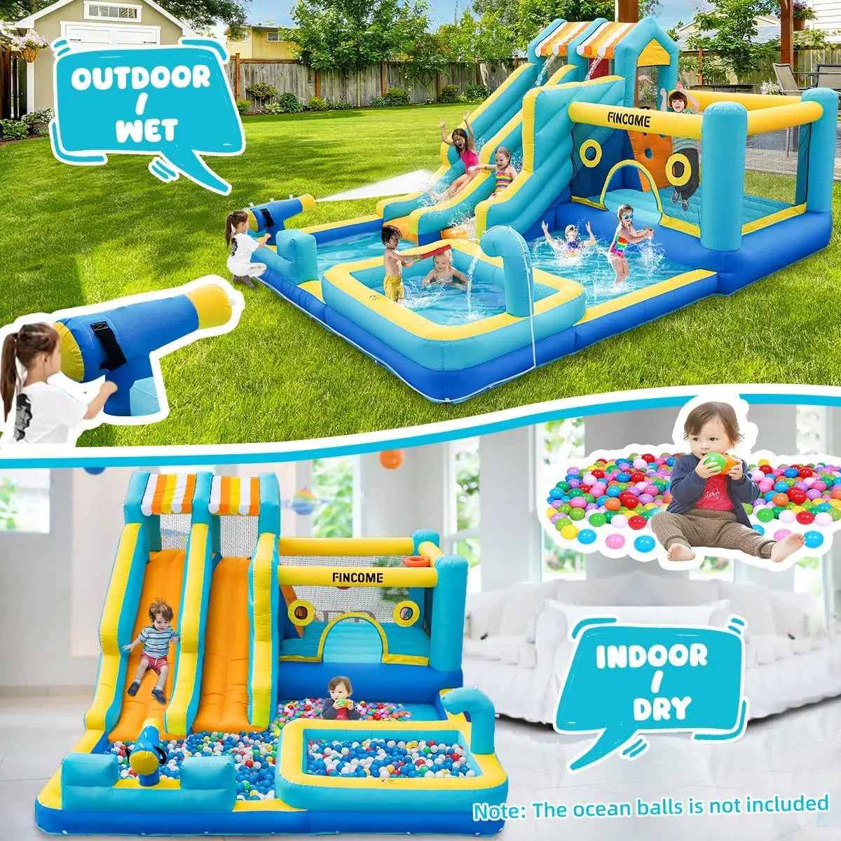 FINCOME Inflatable Bounce House, 10 in 1 Double Water Slide Bounce House with 750W Blower, Climbing Wall, Jumping, Water Gun, Sp