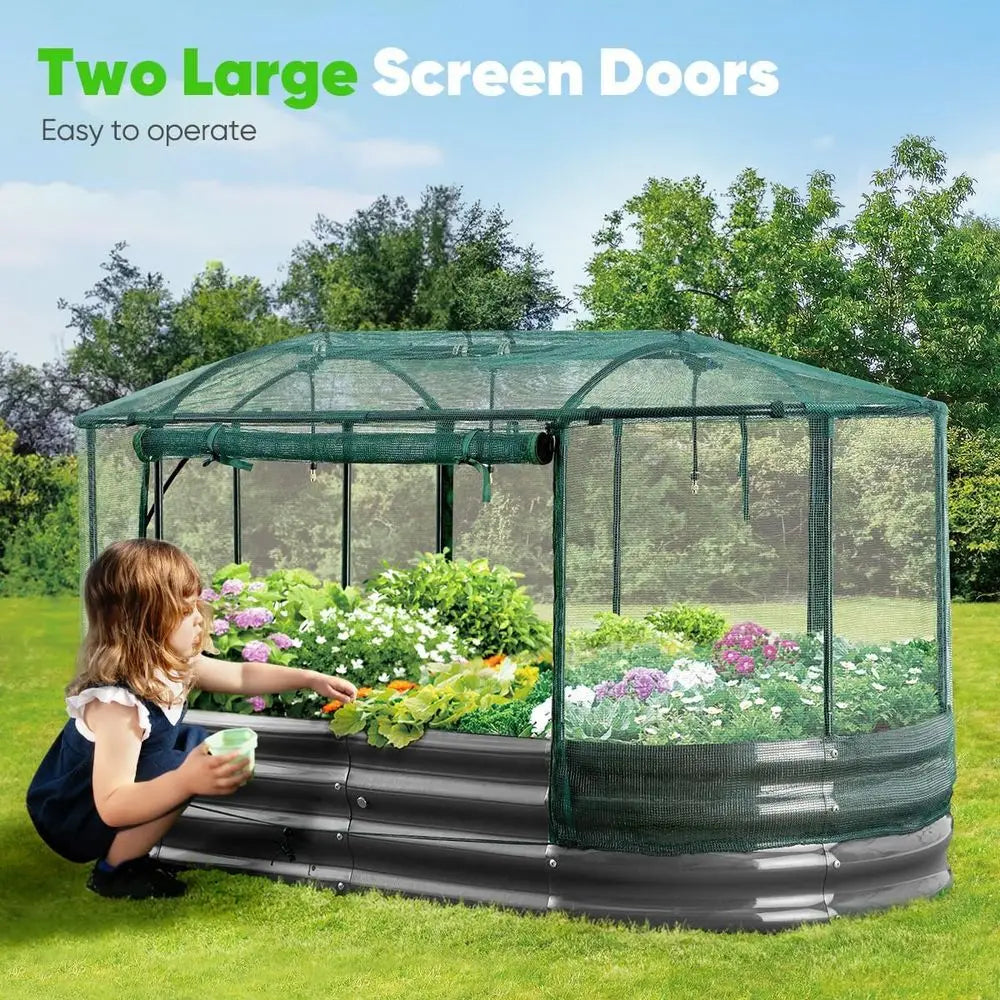 Large Oval Galvanized Metal Garden Bed with Auto-Watering and Mesh Cover for Growing Vegetables, Herbs, and Flowers