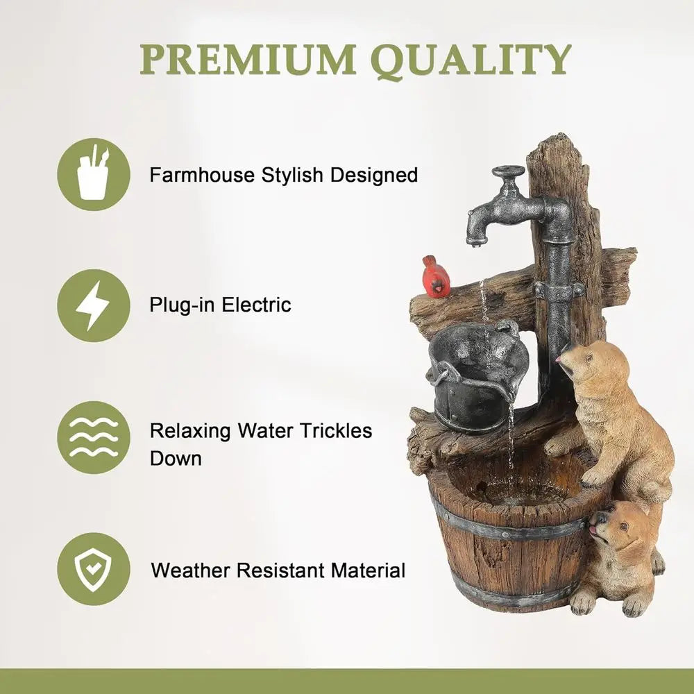 30 Rustic Outdoor Water Fountain with LED Lights, Barrel Puppy Design, Ideal for Garden or Indoor Entryway