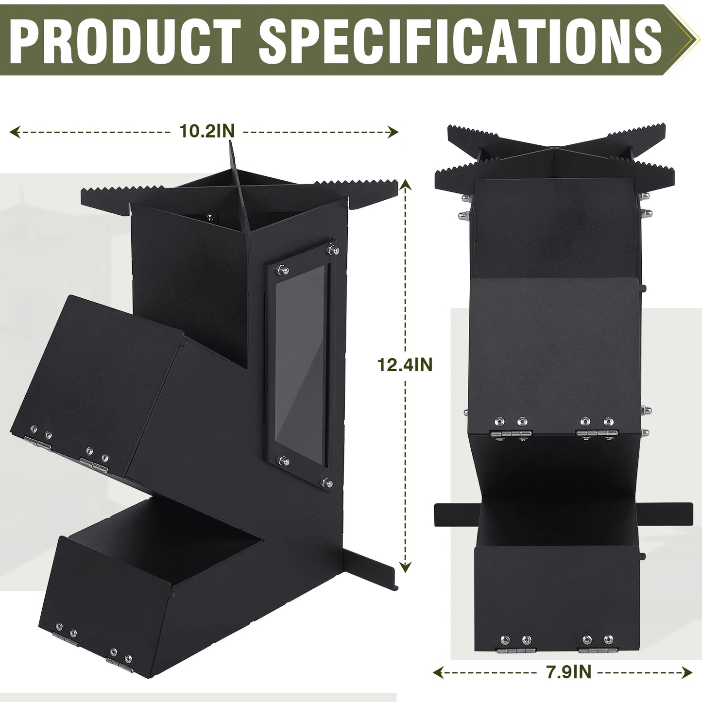 Portable Rocket Stove With Glass Door Wood Burning Outdoor Cooking Camping Grill For Survival Emergency