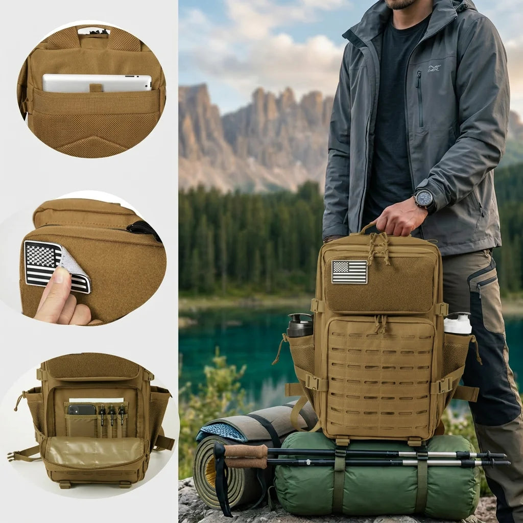 45L Large Capacity Hunting Backpack For Men With MOLLE Webbing System Dual Cup Holders Outdoor Survival Hiking Camping Rucksack For Wilderness Trip Travel Daily Work Commute Outdoor Camping Activities Gear Storage Backpack