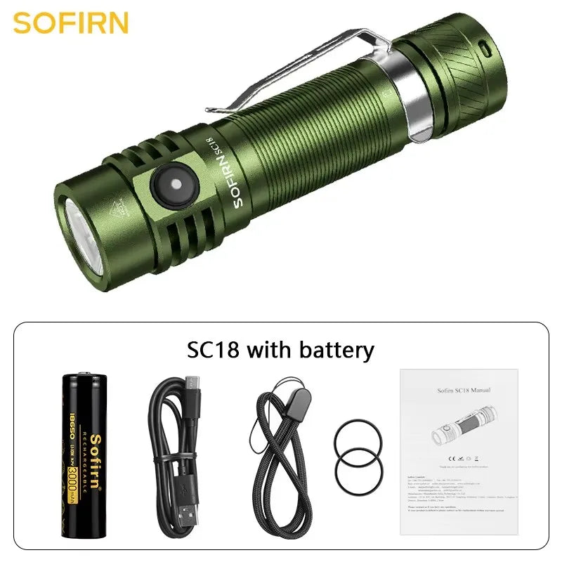 Sofirn SC18 1800lm EDC Flashlight USB C Rechargeable SST40 LED 18650 Torch TIR Optics Lens Lantern with Power Indicator