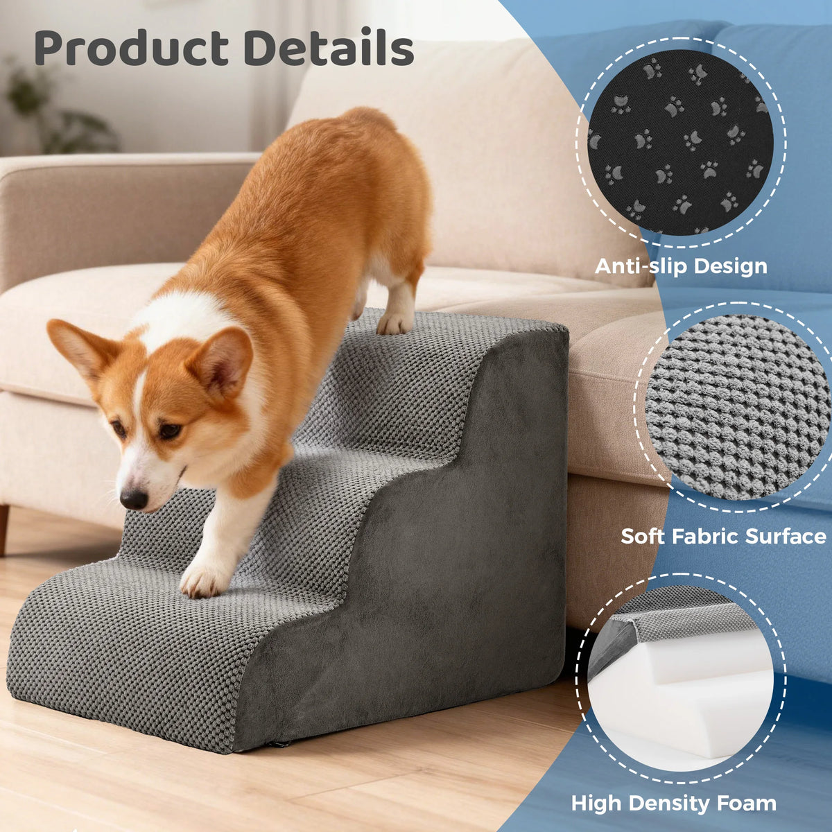 Curved Foam Dog Stairs Ramp for Small Dogs Indoor Steps