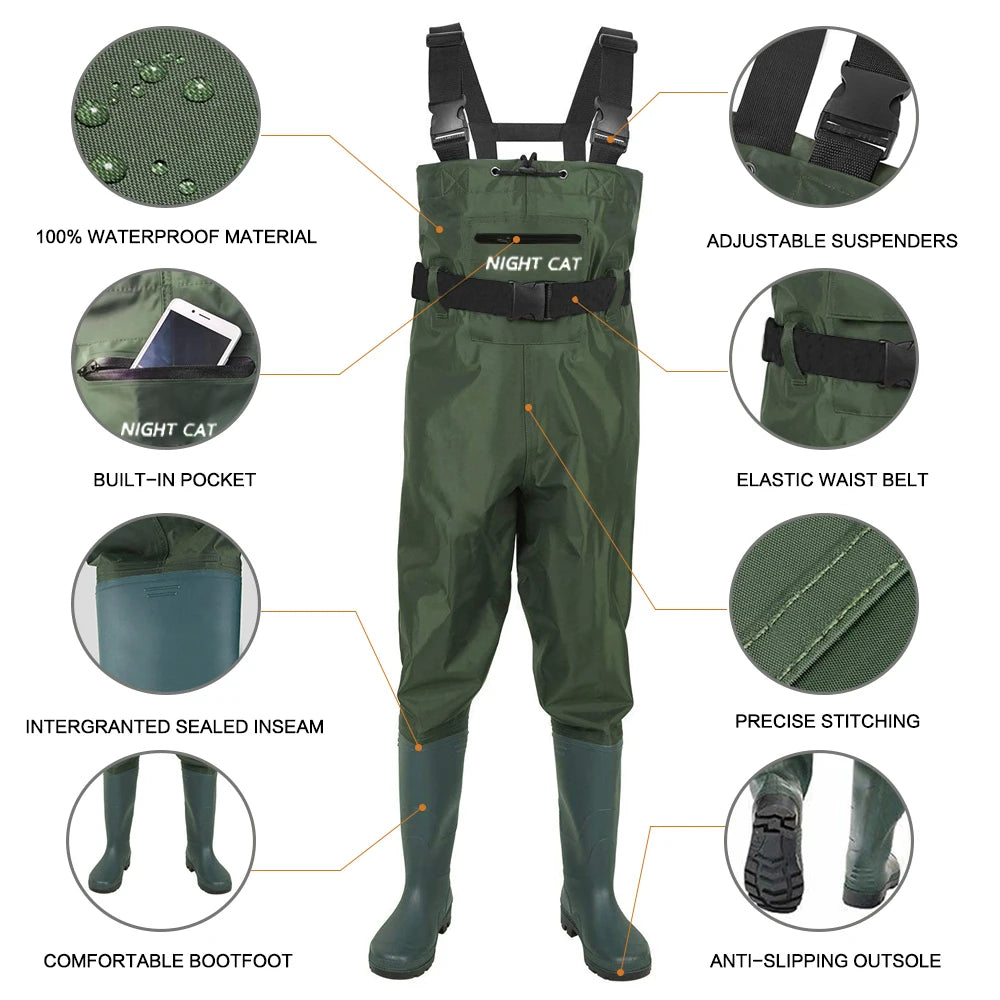 Waterproof Breathable PVC Rubber Fishing Waders with Boots Chest Diving Pants for Fly Fishing Hunting