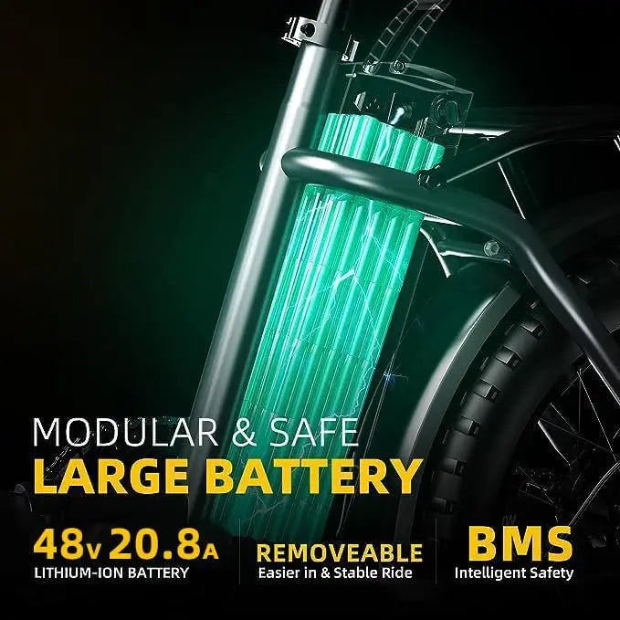 1000W Peak 20" Fat Tire Foldable Electric Bike, 48V 20Ah Removable Battery, All Terrain Adult Commuter Ebike Cybervelo Mars700