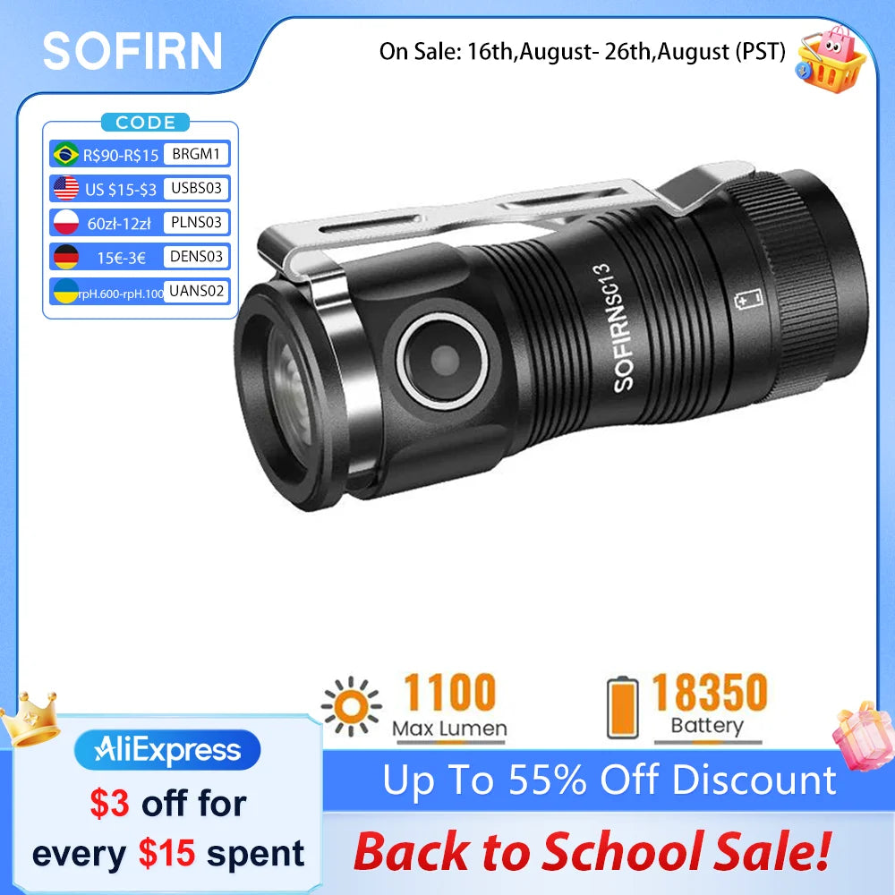SOFIRN SC13 EDC Mini Flashlight 1300lm 519A/SST40 LED Magnetic USB‑C Rechargeable 18350 IP68 Waterproof Keychain Torch