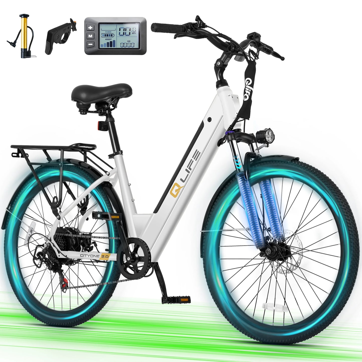 Qlife Cityone ST 2.0  26" Electric Bike for Adults, 1200W Peak Motor 48V 10.4Ah Battery, 28MPH 55 Miles, 7-Speed Electric Bicycle with Front Suspension