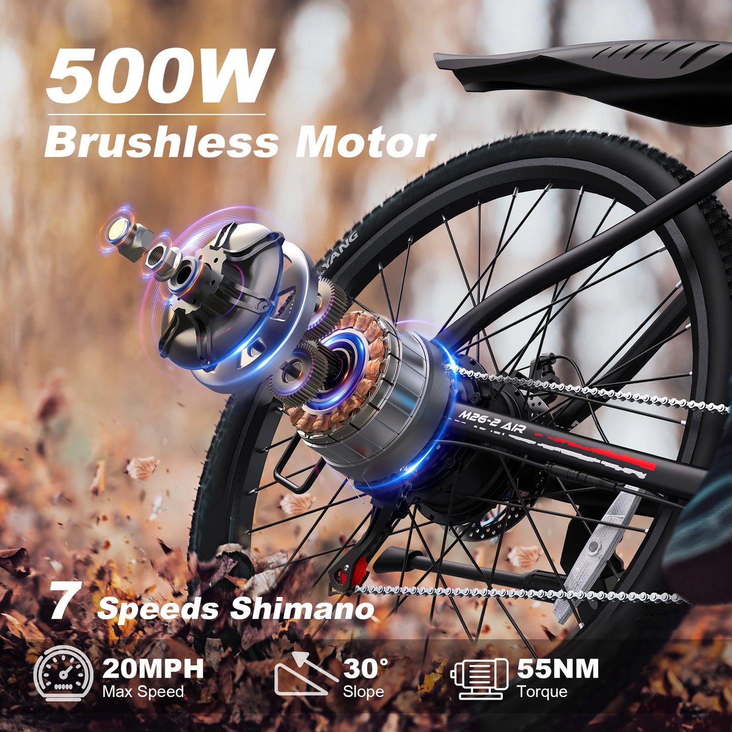 Varun M26-2 Air Adult Electric Bike, 500W Electric Bicycle, 36V 7.8Ah, 26" MTB E-bike, 32km/h Mountain Ebike, 1-Year Warranty