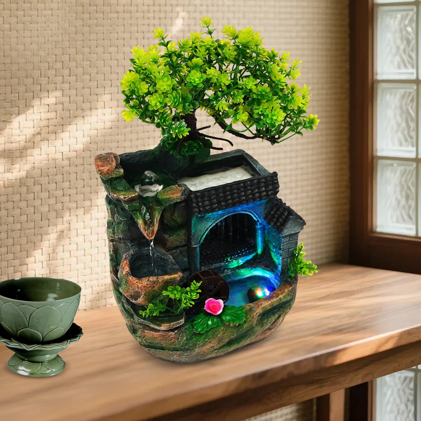 Tabletop Water Fountain with LED Light, Desktop Ornaments Resin Rockery Ornament for Office Living Room Desk Decor