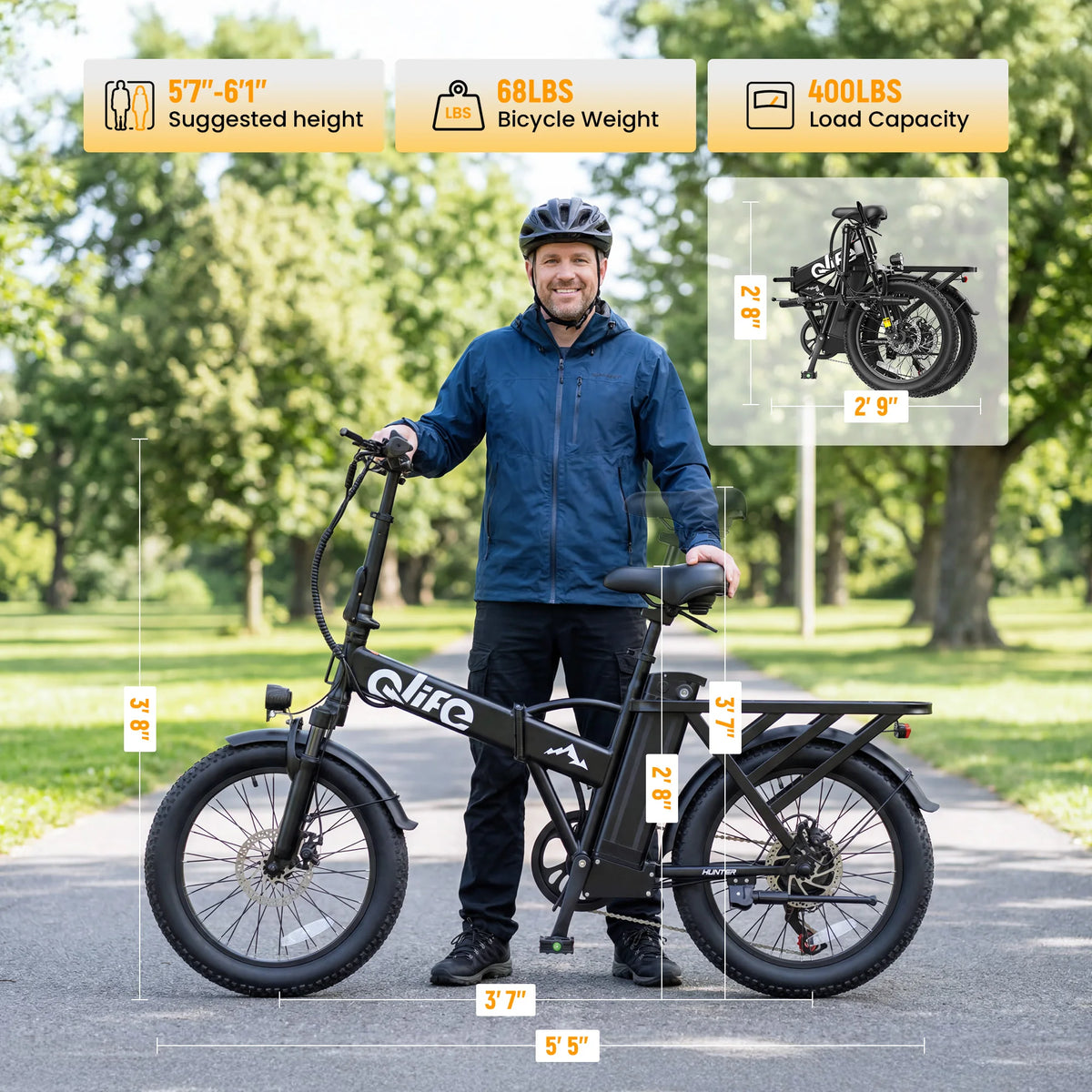 Qlife 20"×3" Fat Tire Foldable Ebike, 1200W Peak Motor 48V 13.5Ah Battery, 28MPH 65Mi Long Range Electric Bicycle