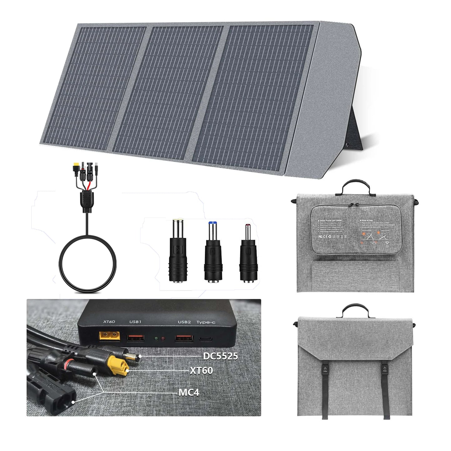 200W 18V Portable Solar Panel with PD Box QC3.0，Type-C，MC4 Output Camping Foldable MPPT Monocrystalline 100W Solar Charger