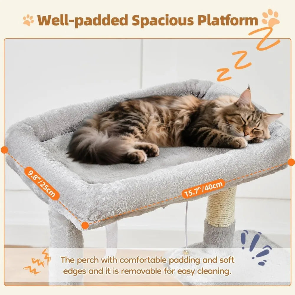 Tall 38 Inch Cat Tree with Condo Adjustable Basket and Plush Perch Tower for Indoor Kittens Light Gray