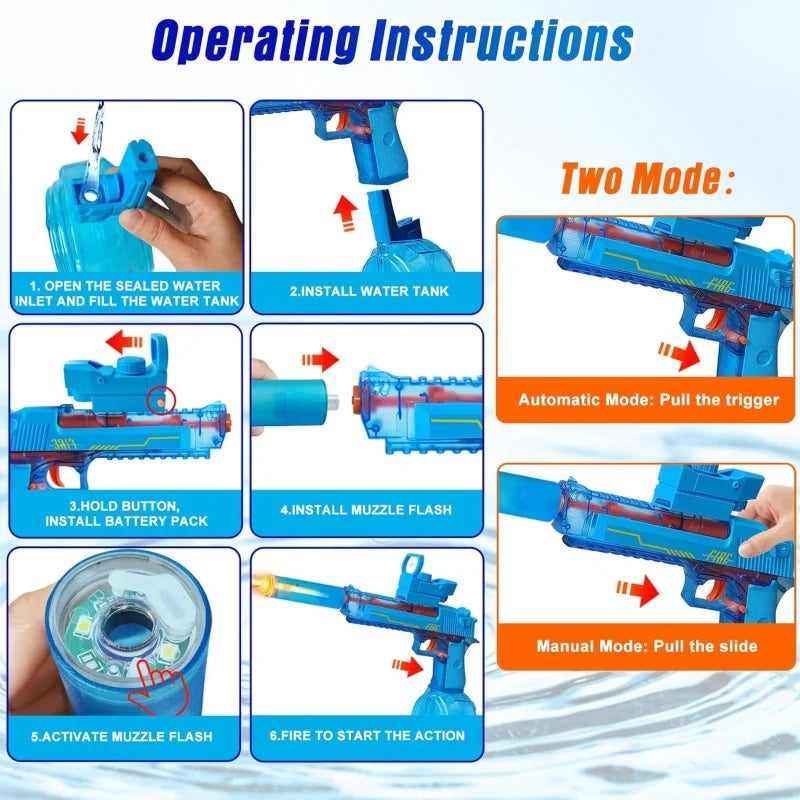 Electric Water Gun for Adults Kids, Transparent Automatic Squirt Watergun with Manual Function Led Lights, Summer Outdoor Water Pistol Pool Beach Party Toys for Boys Girls
