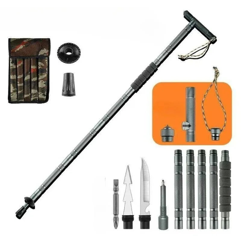 Portable Aluminum Alloy Climbing Stick Removable Multitool Hiking Walking Stick Multifunctional Mountaineering Camping Equipment